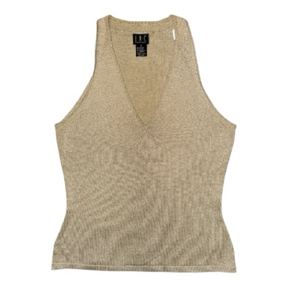 INC International Concepts Gold Sparkle Metallic Ribbed V-Neck Sleeveless Top M